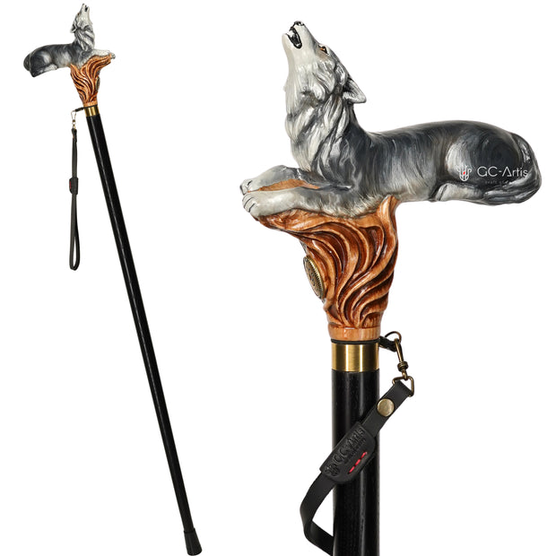 Wolf on the Rock Hand Painted – Designer Wooden Walking Cane