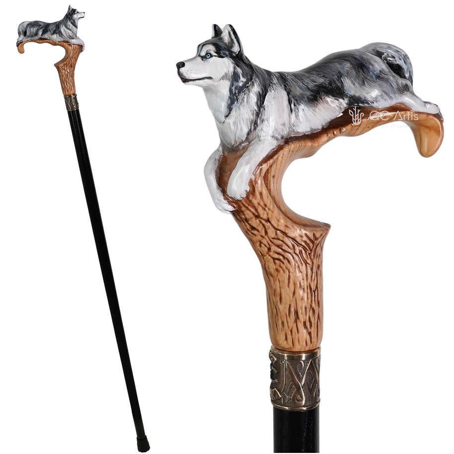 Canne de marche en bois peinte à la main - Chien Husky
