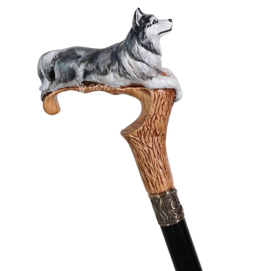 Canne de marche en bois peinte à la main - Chien Husky
