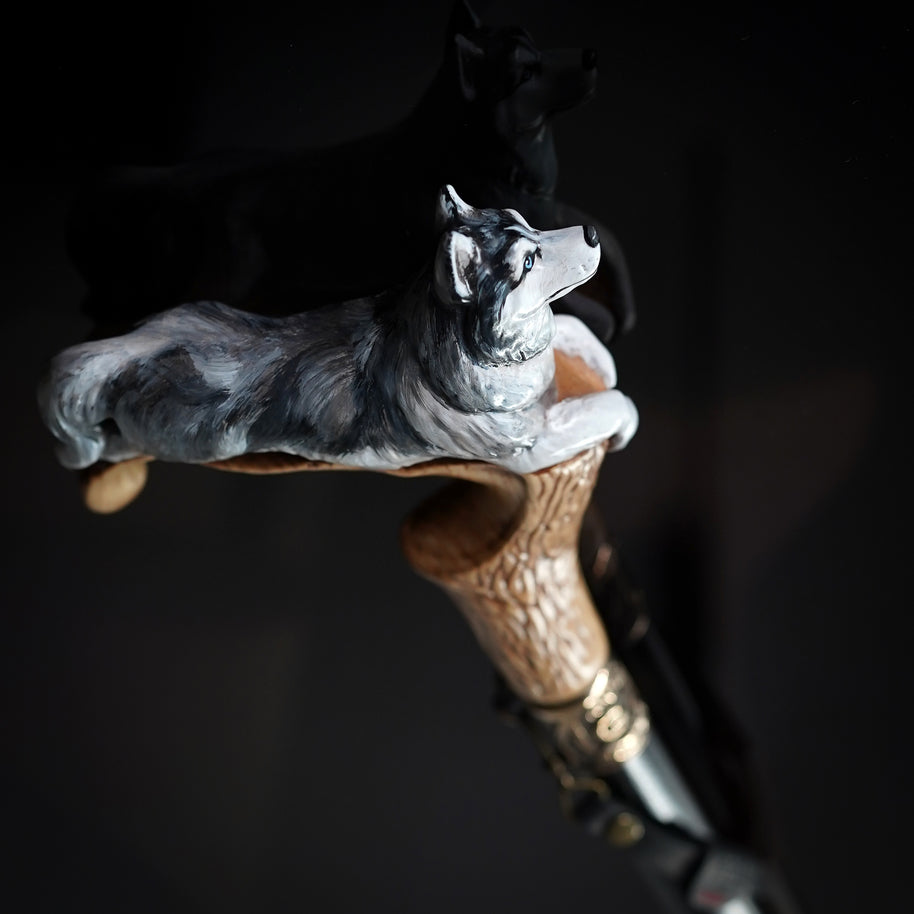 Canne de marche en bois peinte à la main - Chien Husky