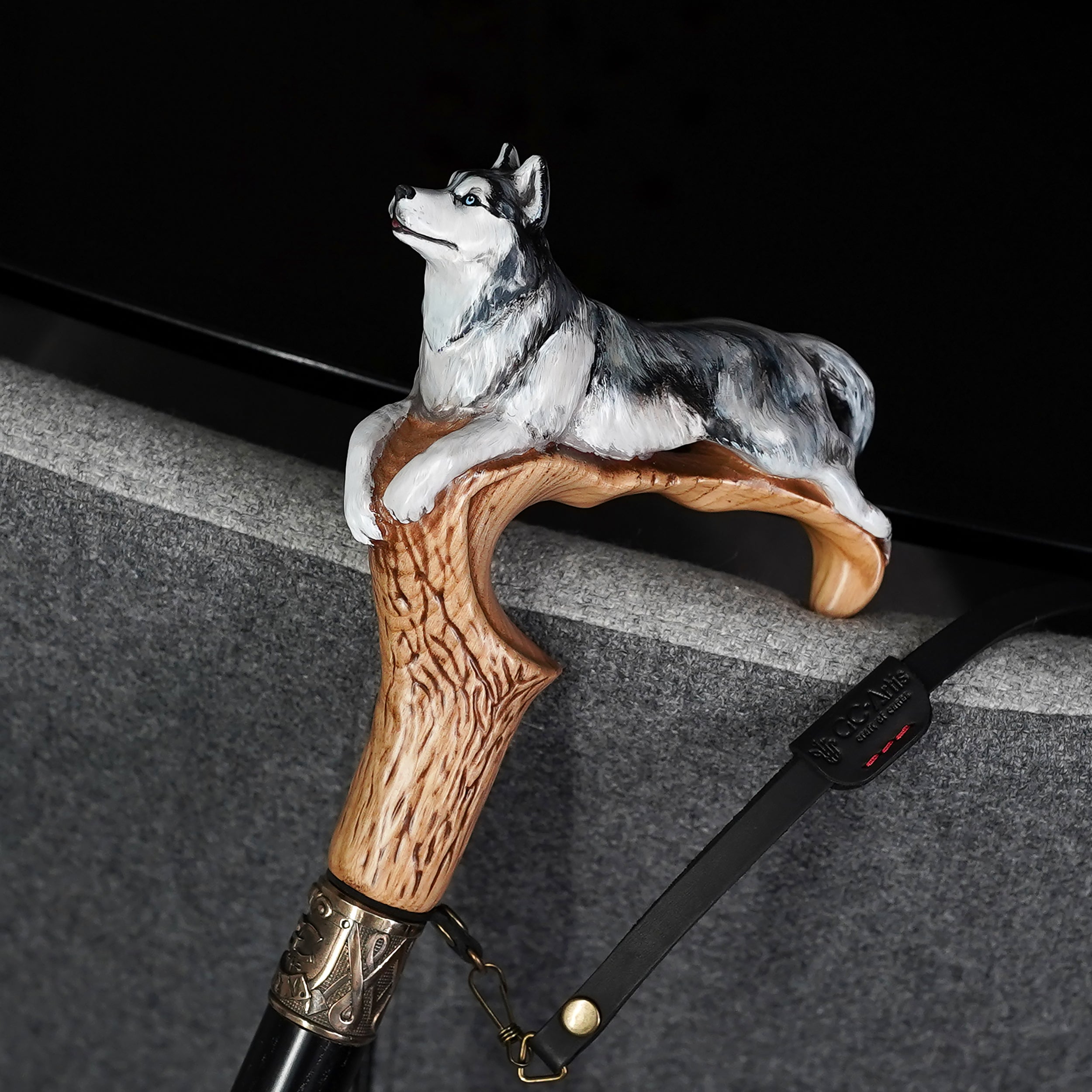 Hand-painted Wooden Cane Walking Stick - Husky dog