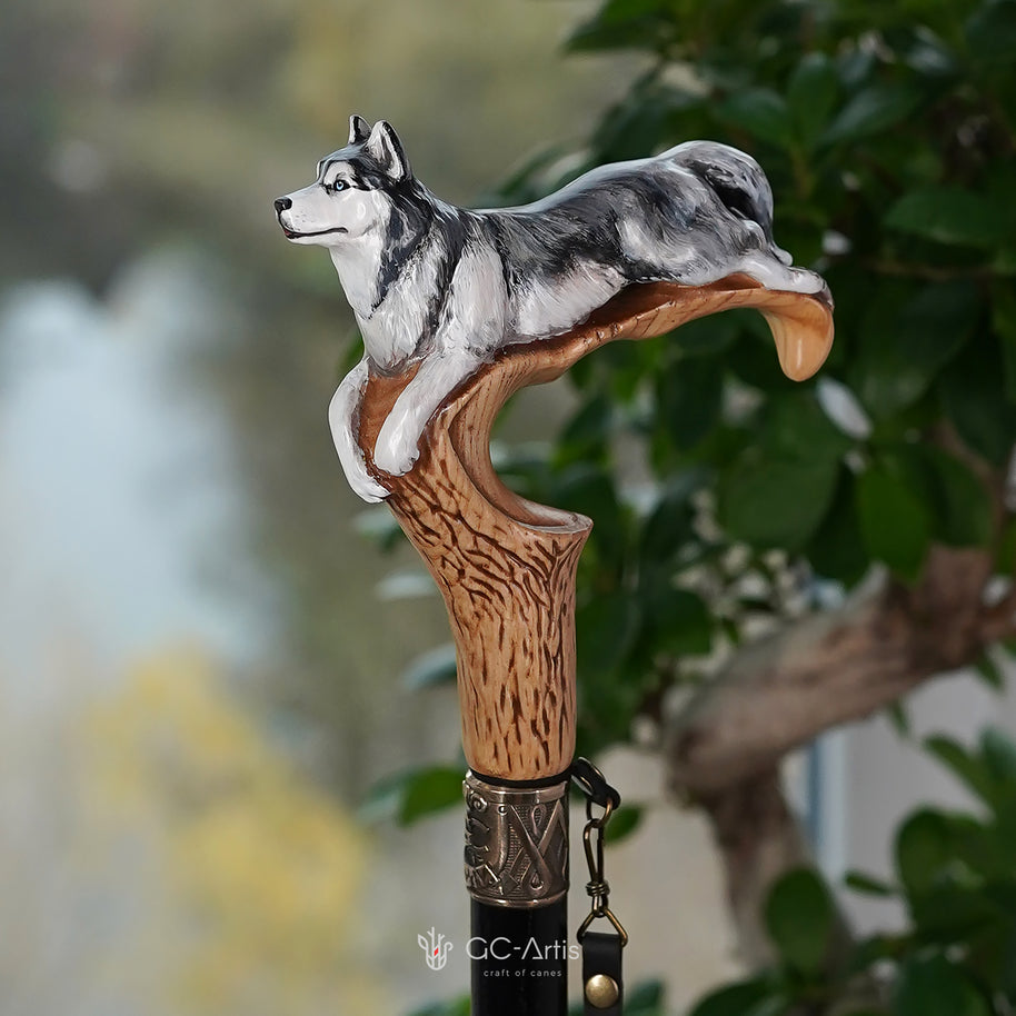 Canne de marche en bois peinte à la main - Chien Husky