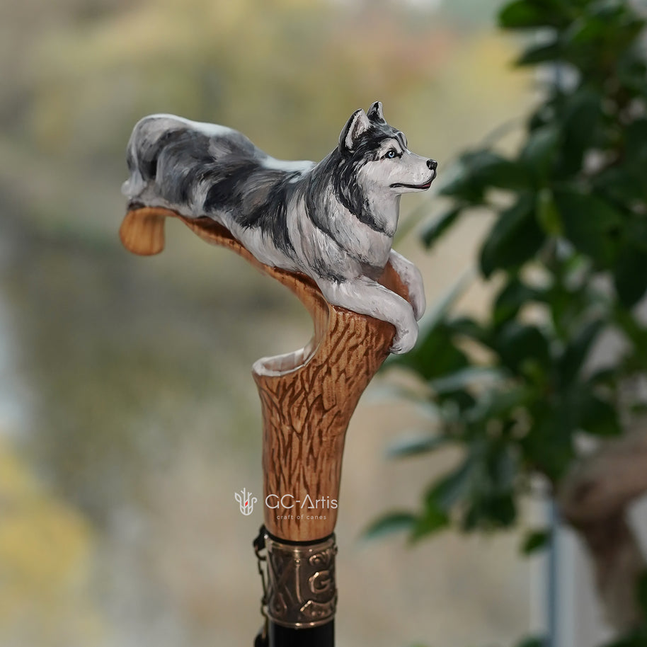 Canne de marche en bois peinte à la main - Chien Husky