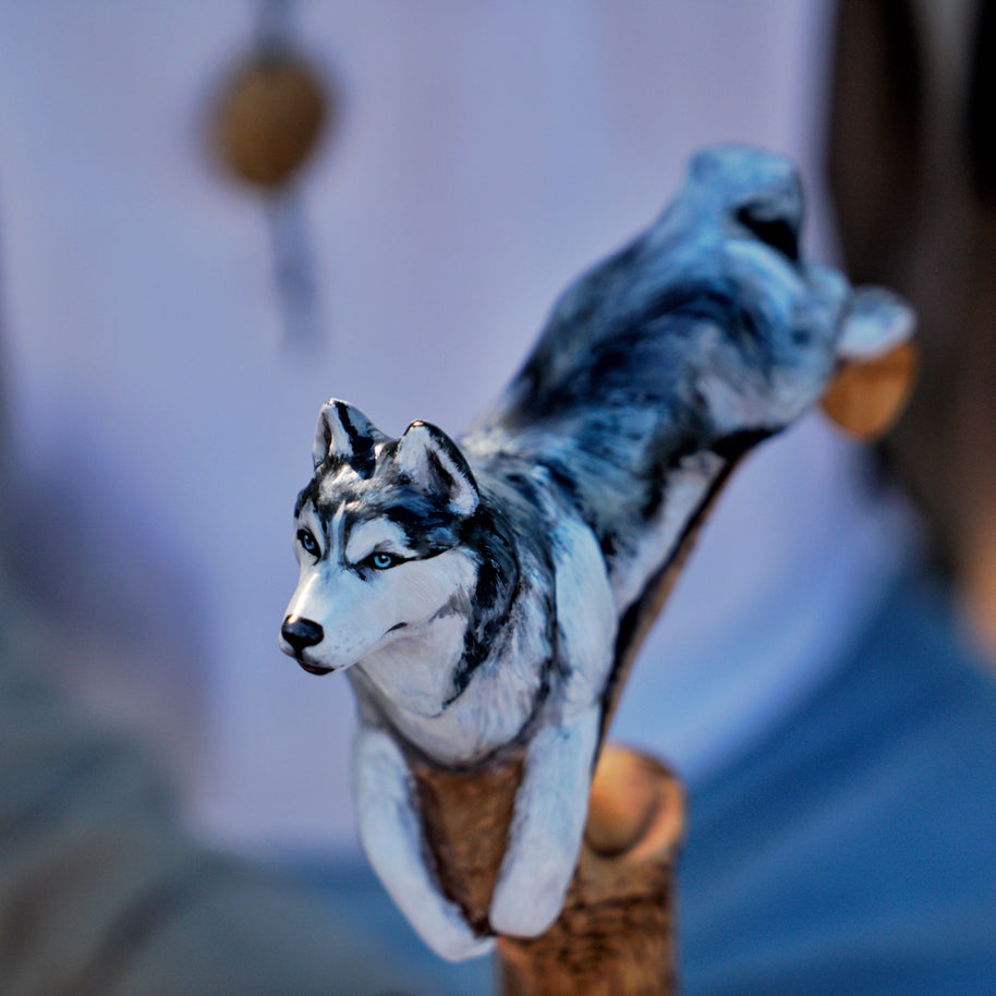 Canne de marche en bois peinte à la main - Chien Husky