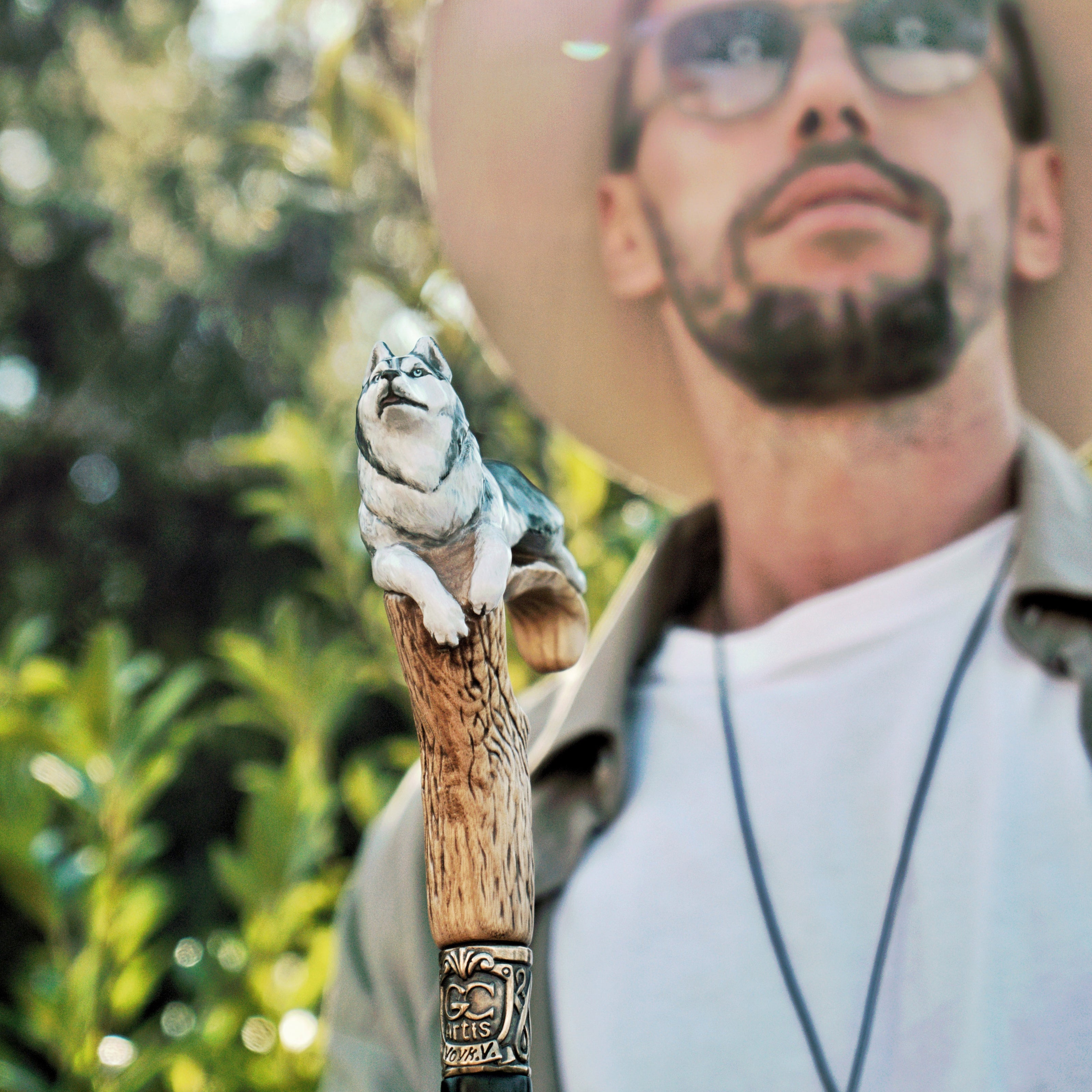 Hand-painted Wooden Cane Walking Stick - Husky dog