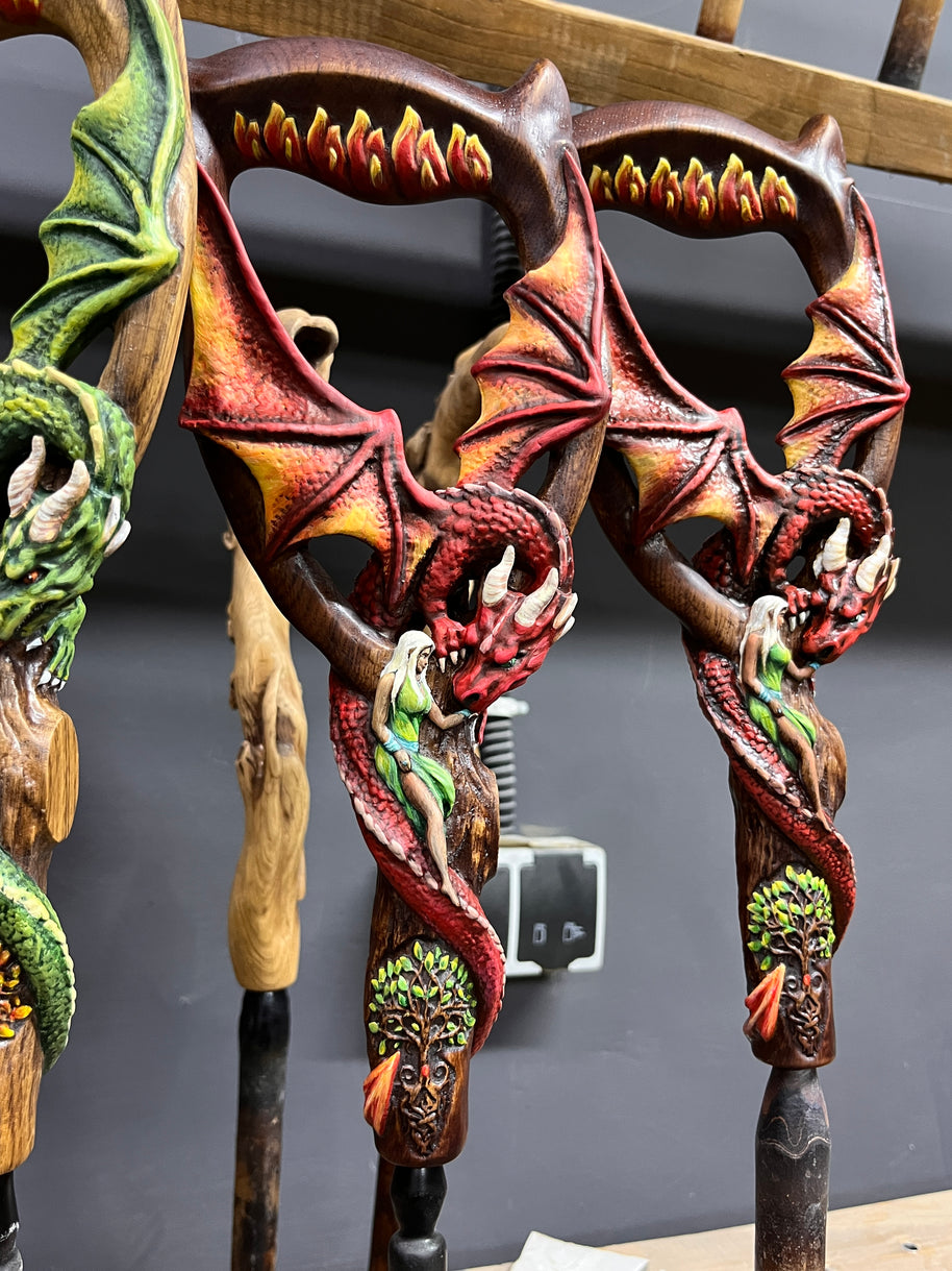 Hand Carved Wooden Walking Cane – Red Winged Dragon
