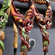 Hand Carved Wooden Walking Cane – Red Winged Dragon