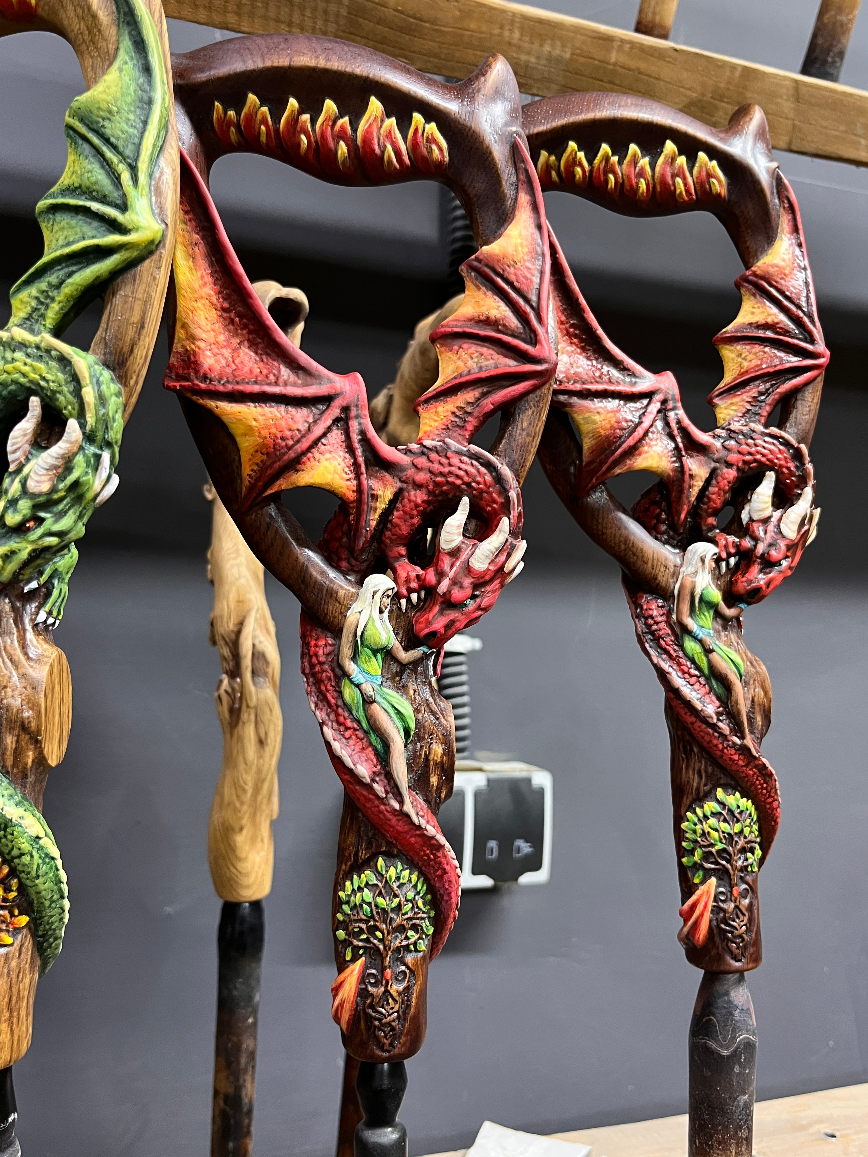 Hand Carved Wooden Walking Cane – Red Winged Dragon