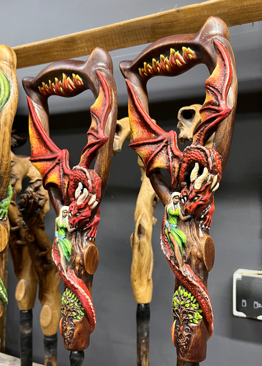 Hand Carved Wooden Walking Cane – Red Winged Dragon