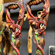 Hand Carved Wooden Walking Cane – Red Winged Dragon