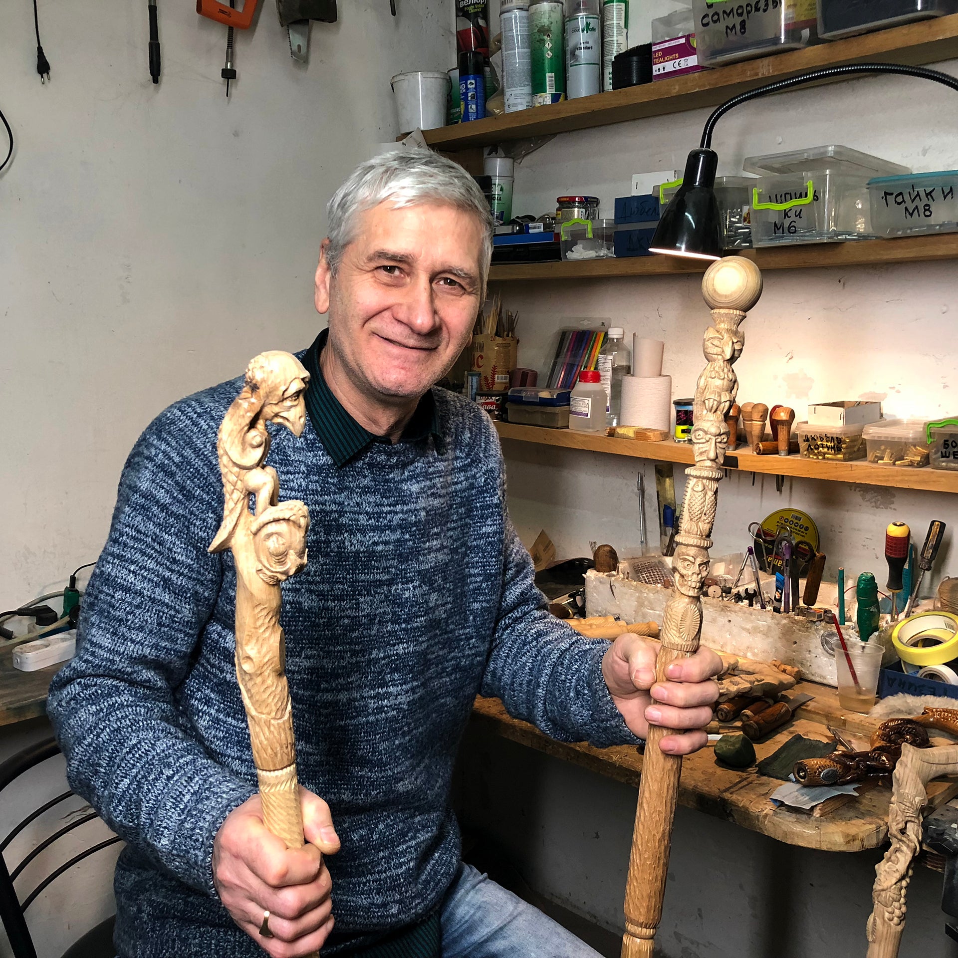 Sad Griffin Totem Extra long wooden walking stick cane Hiking staff