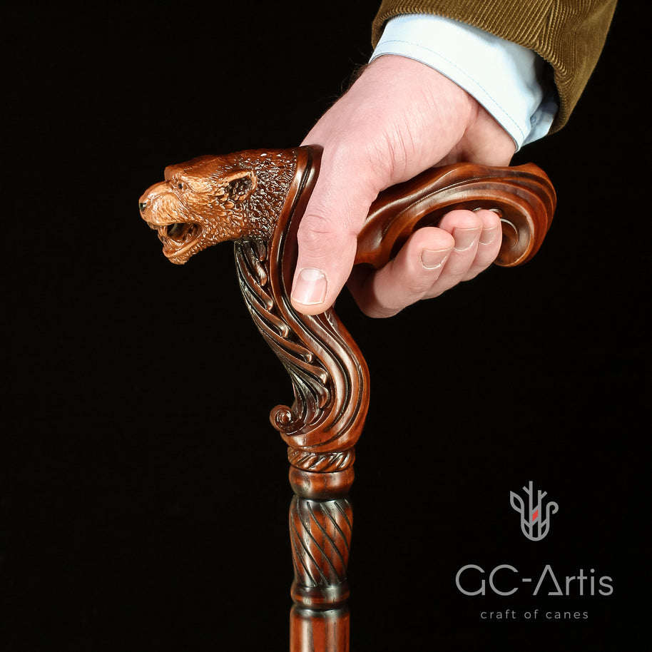 Canne de marche en bois Jaguar, poignée ergonomique à prise paume