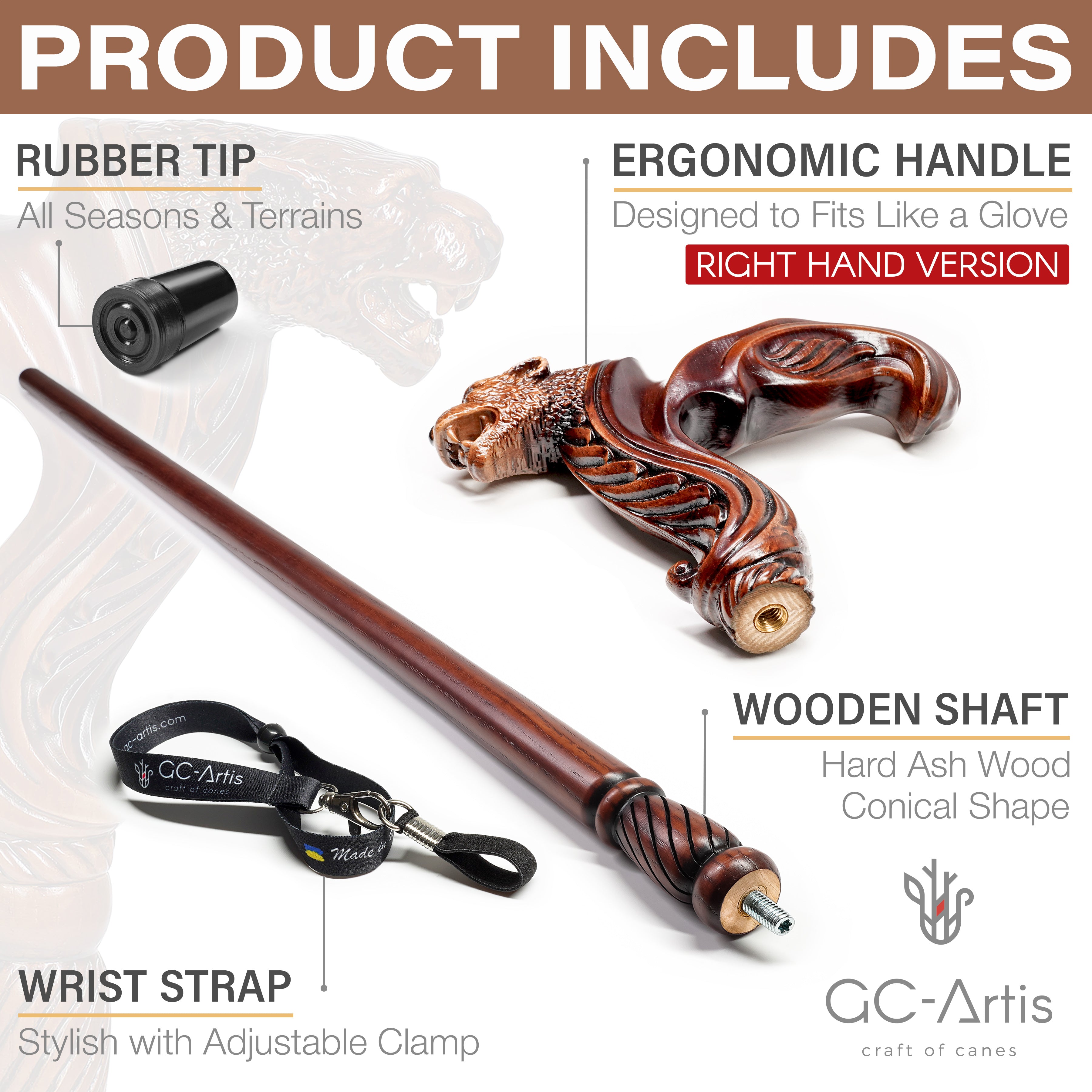 Jaguar Wooden Cane Walking Stick Ergonomic Palm Grip Handle