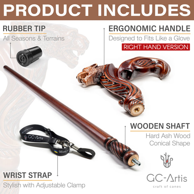 Jaguar Wooden Cane Walking Stick Ergonomic Palm Grip Handle