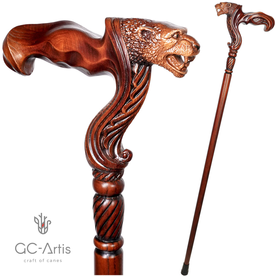 Canne de marche en bois Jaguar, poignée ergonomique à prise paume