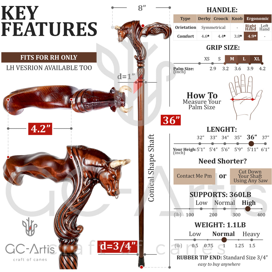 Canne de marche en bois Bœuf Taureau Poignée ergonomique