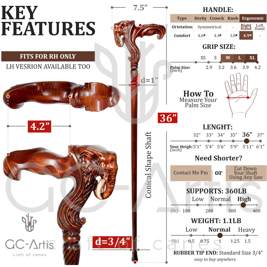 Canne en bois Éléphant Poignée ergonomique