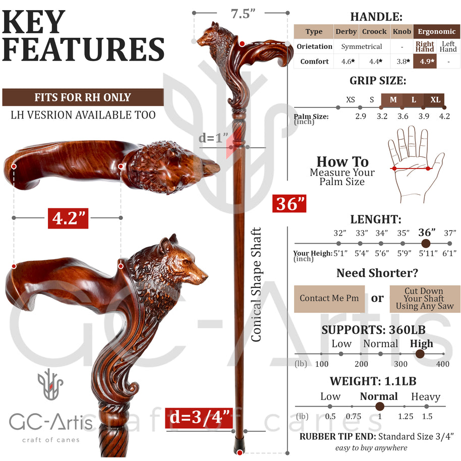 Canne de marche en bois Loup - Poignée ergonomique paume