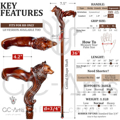 Wolf Wooden Walking Cane stick - Ergonomic Palm Grip Handle