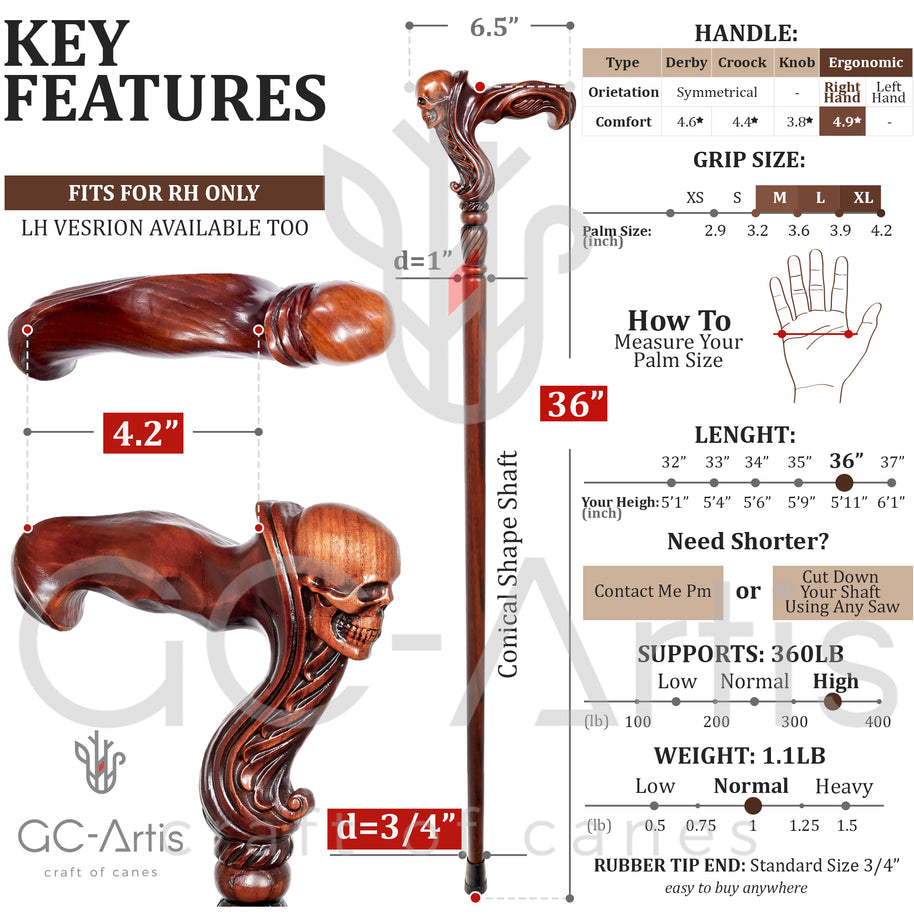 Canne de marche en bois avec pommeau tête de mort - Poignée ergonomique pour la paume