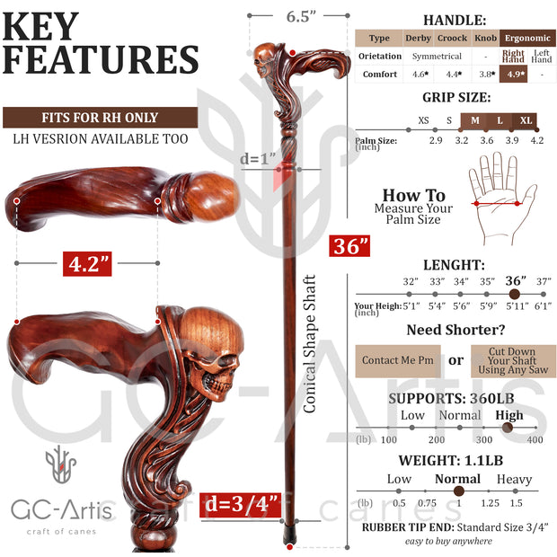 Skull Cane Wooden Walking Stick - Ergonomic Palm Grip Handle