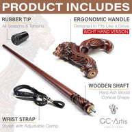 Wooden Walking Stick Cane Lion Head - Palm Grip Ergonomic Handle