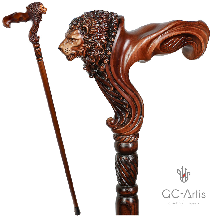 Canne de marche en bois Tête de Lion - Poignée ergonomique paume de main