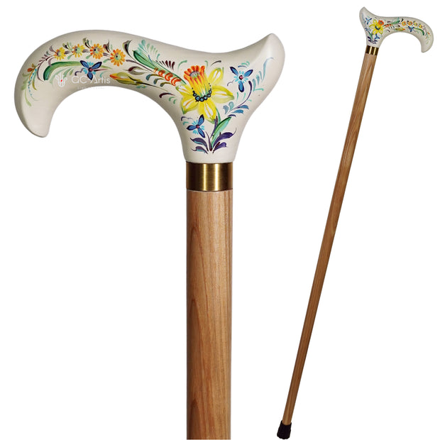 Narcissus on White Hand Painted – Hand-Painted Artisan Walking Cane