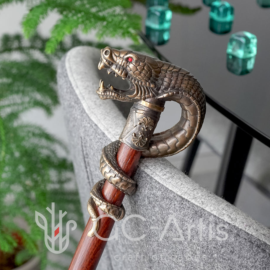 Bâton de marche Dragon Serpent de collection en bronze, canne en laiton coulé artisanal