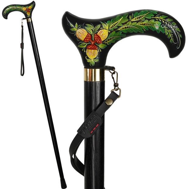 OAK Strength (Petrykivka) on Black – Hand-Painted Artisan Walking Cane