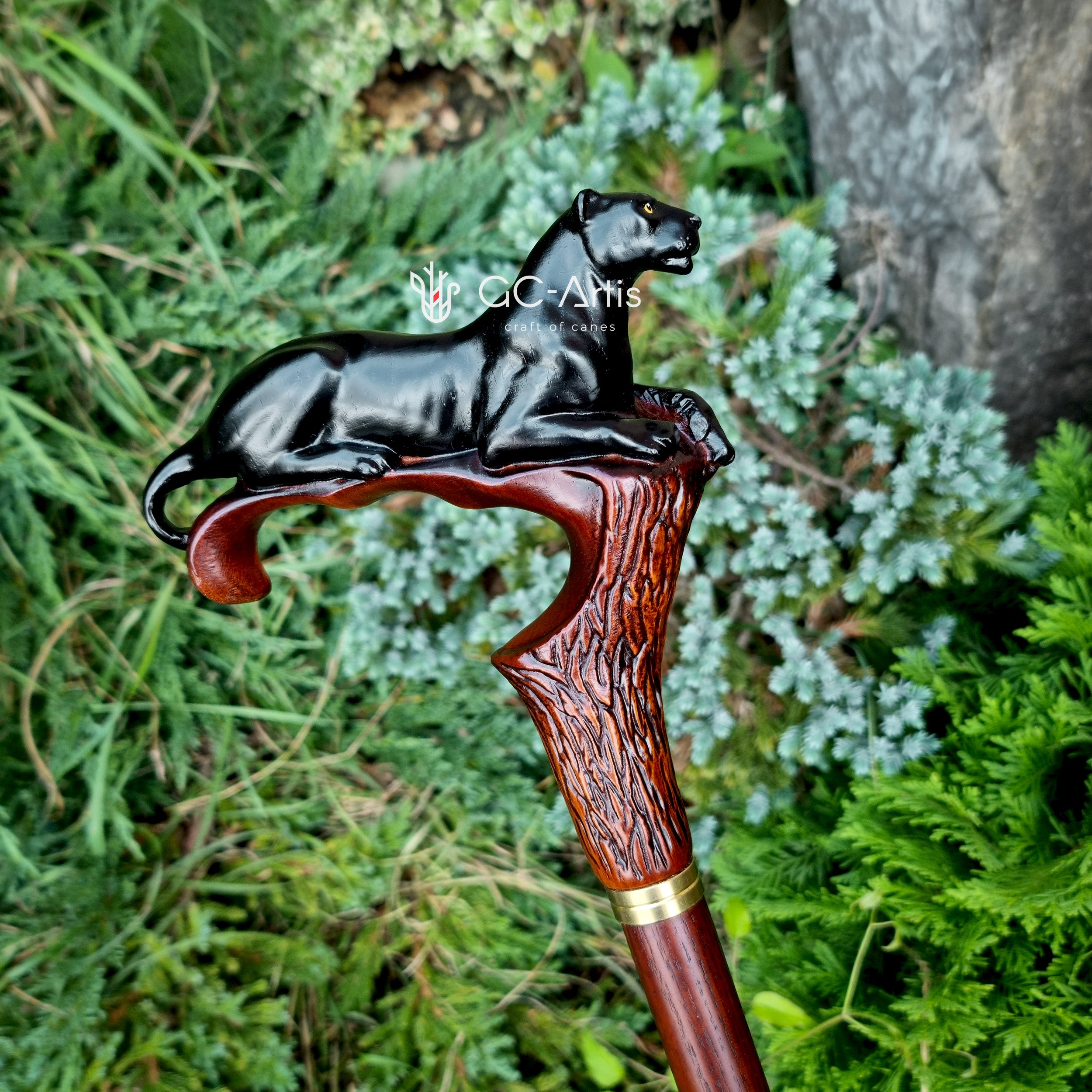 Black Panther Cougar Cat Dark Wood – Designer Wooden Walking Cane