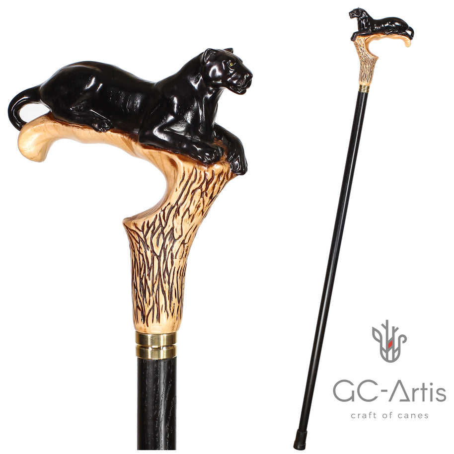 Canne de marche en bois clair motif Cougar Panthère Noire