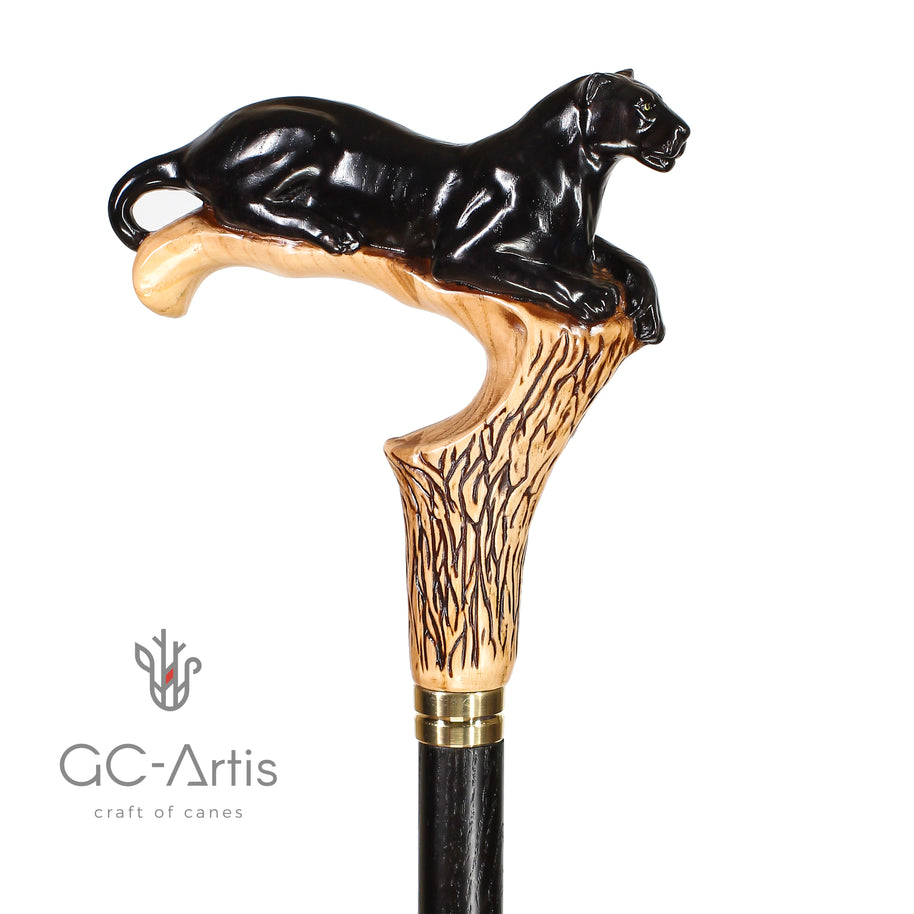 Canne de marche en bois clair motif Cougar Panthère Noire