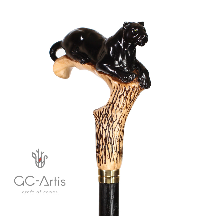 Canne de marche en bois clair motif Cougar Panthère Noire