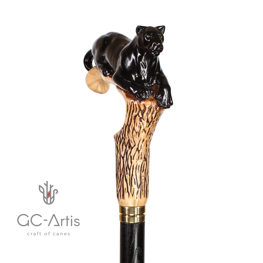 Canne de marche en bois clair motif Cougar Panthère Noire