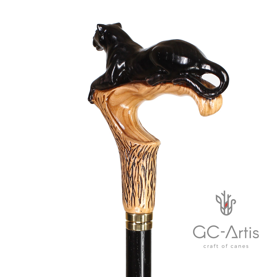Canne de marche en bois clair motif Cougar Panthère Noire