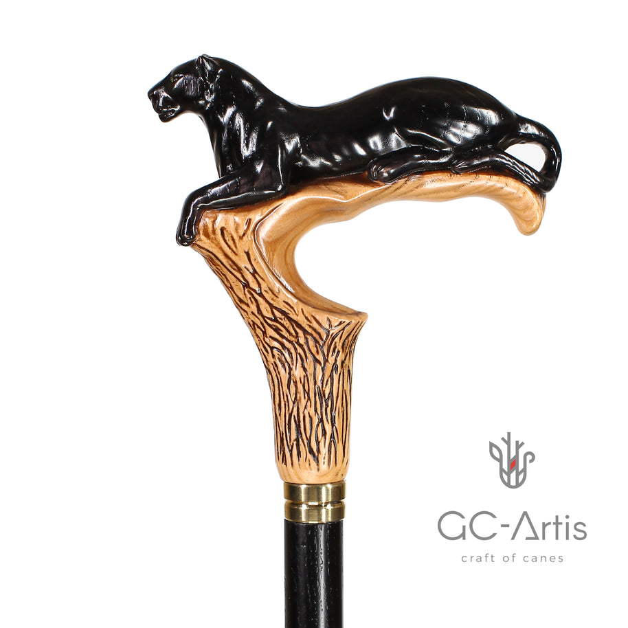Canne de marche en bois clair motif Cougar Panthère Noire