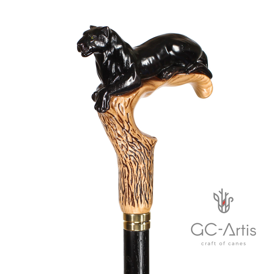 Canne de marche en bois clair motif Cougar Panthère Noire