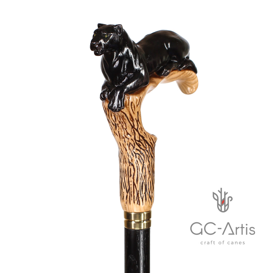 Canne de marche en bois clair motif Cougar Panthère Noire