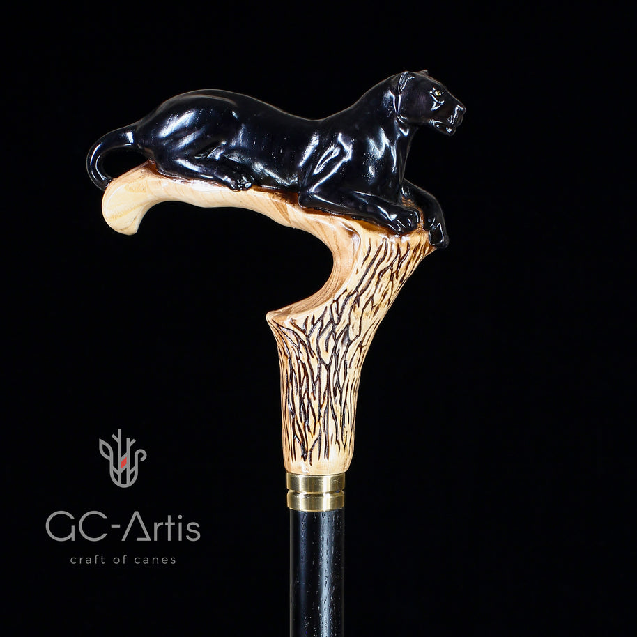Canne de marche en bois clair motif Cougar Panthère Noire