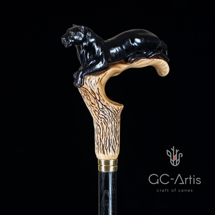 Canne de marche en bois clair motif Cougar Panthère Noire