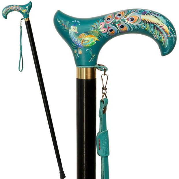 Peafowl on Aqua Hand Painted – Hand-Painted Artisan Walking Cane