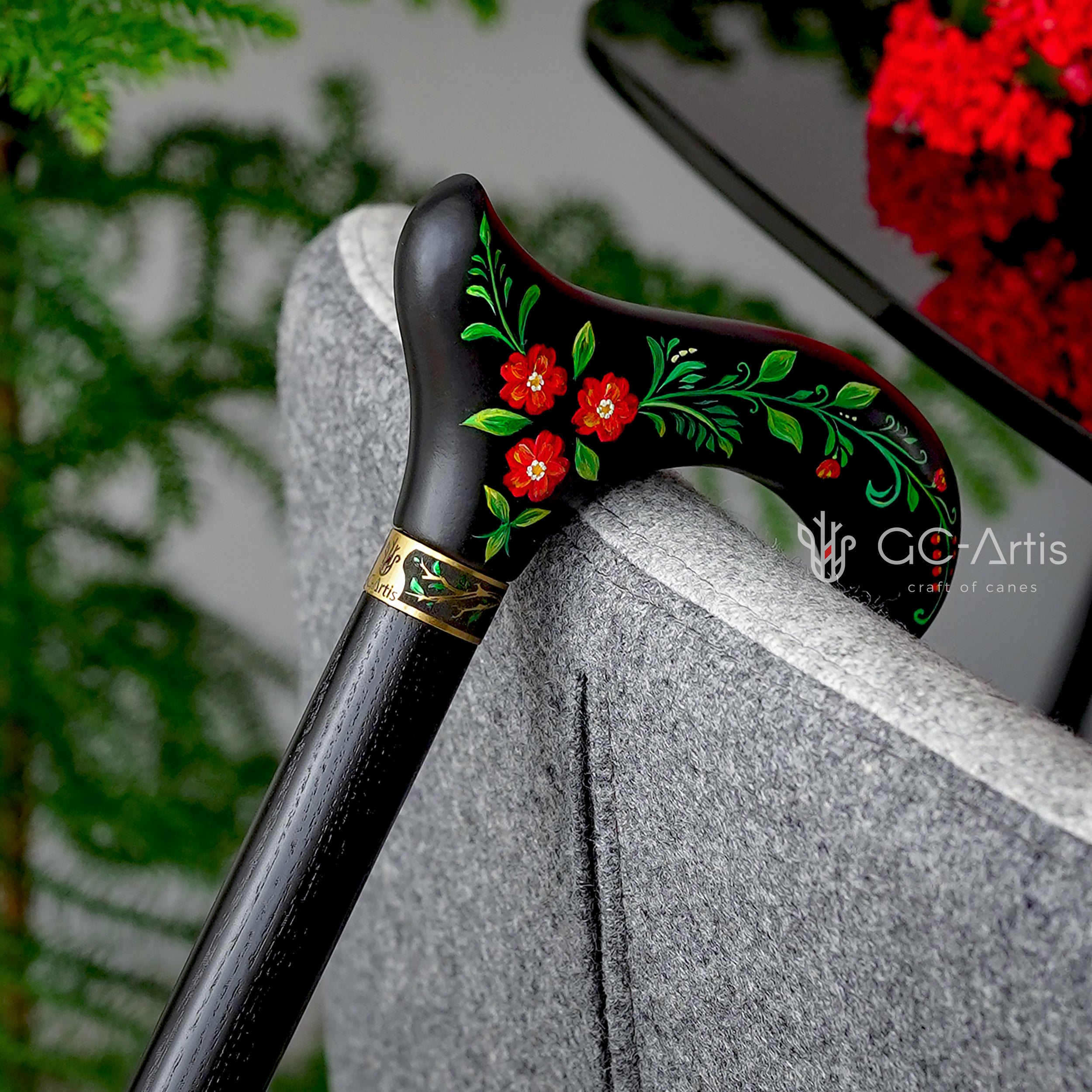 Hand Painted Black Derby walking stick cane Artist fill Flowers