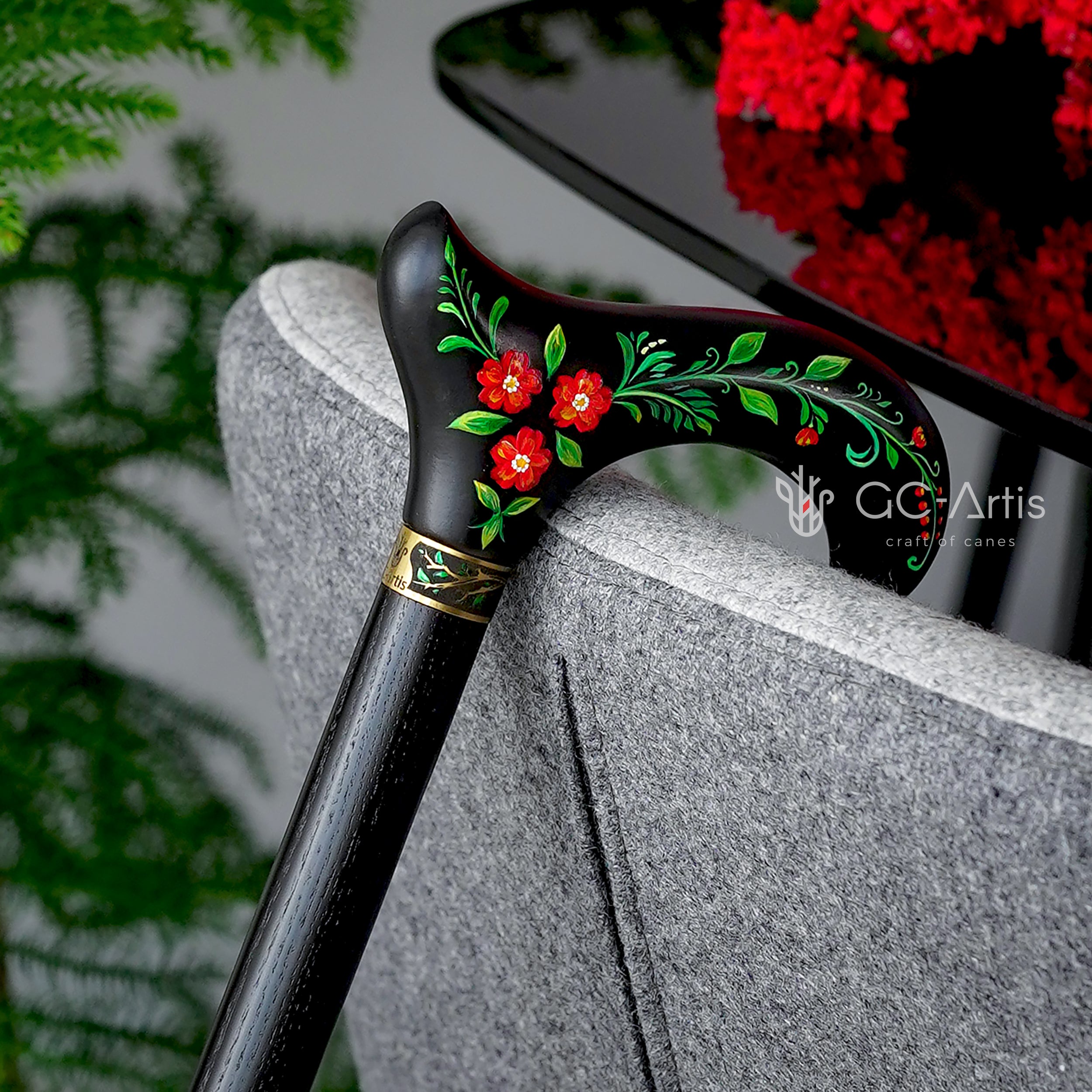 Hand Painted Black Derby walking stick cane Artist fill Flowers