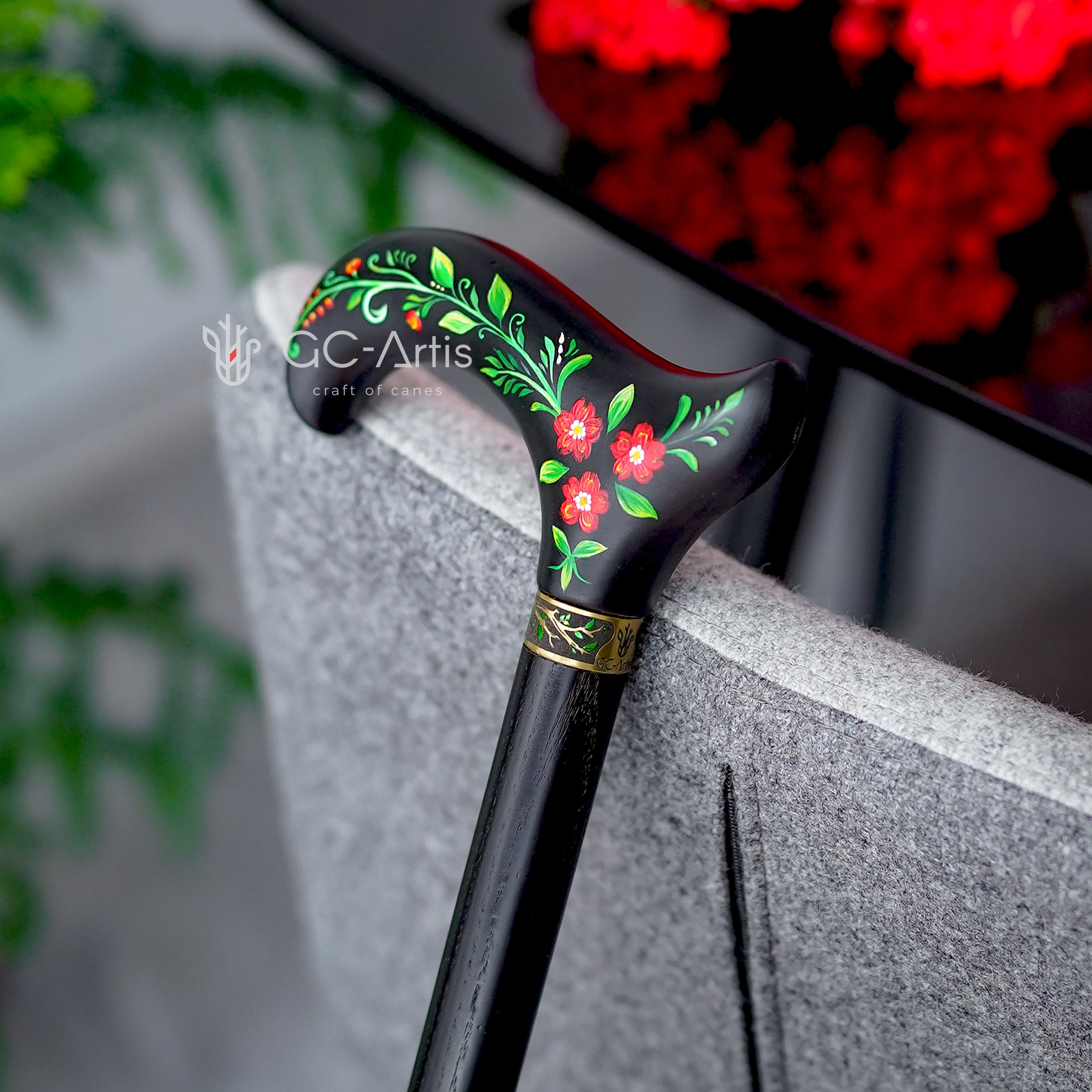 Hand Painted Black Derby walking stick cane Artist fill Flowers