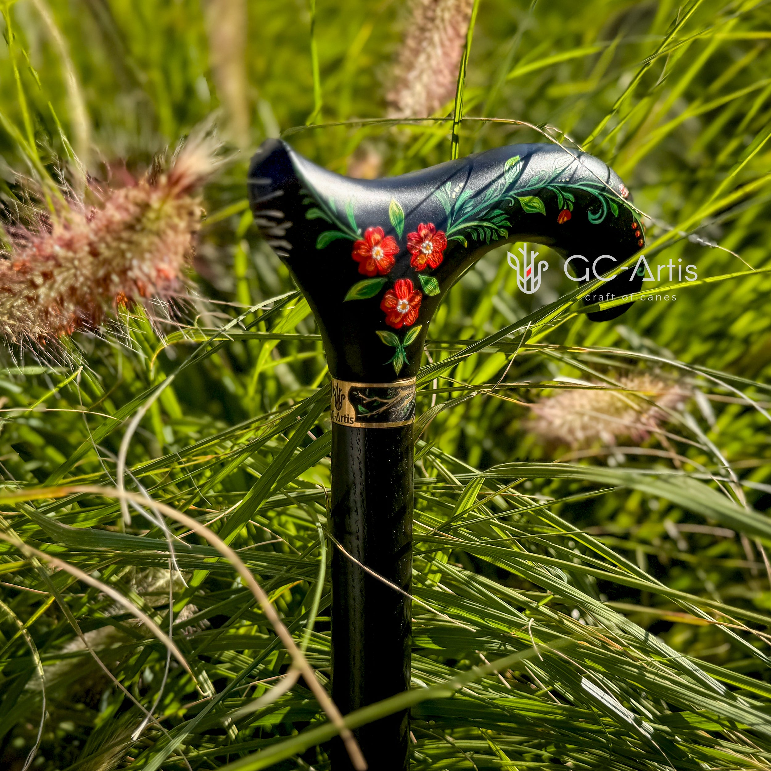 Hand Painted Black Derby walking stick cane Artist fill Flowers
