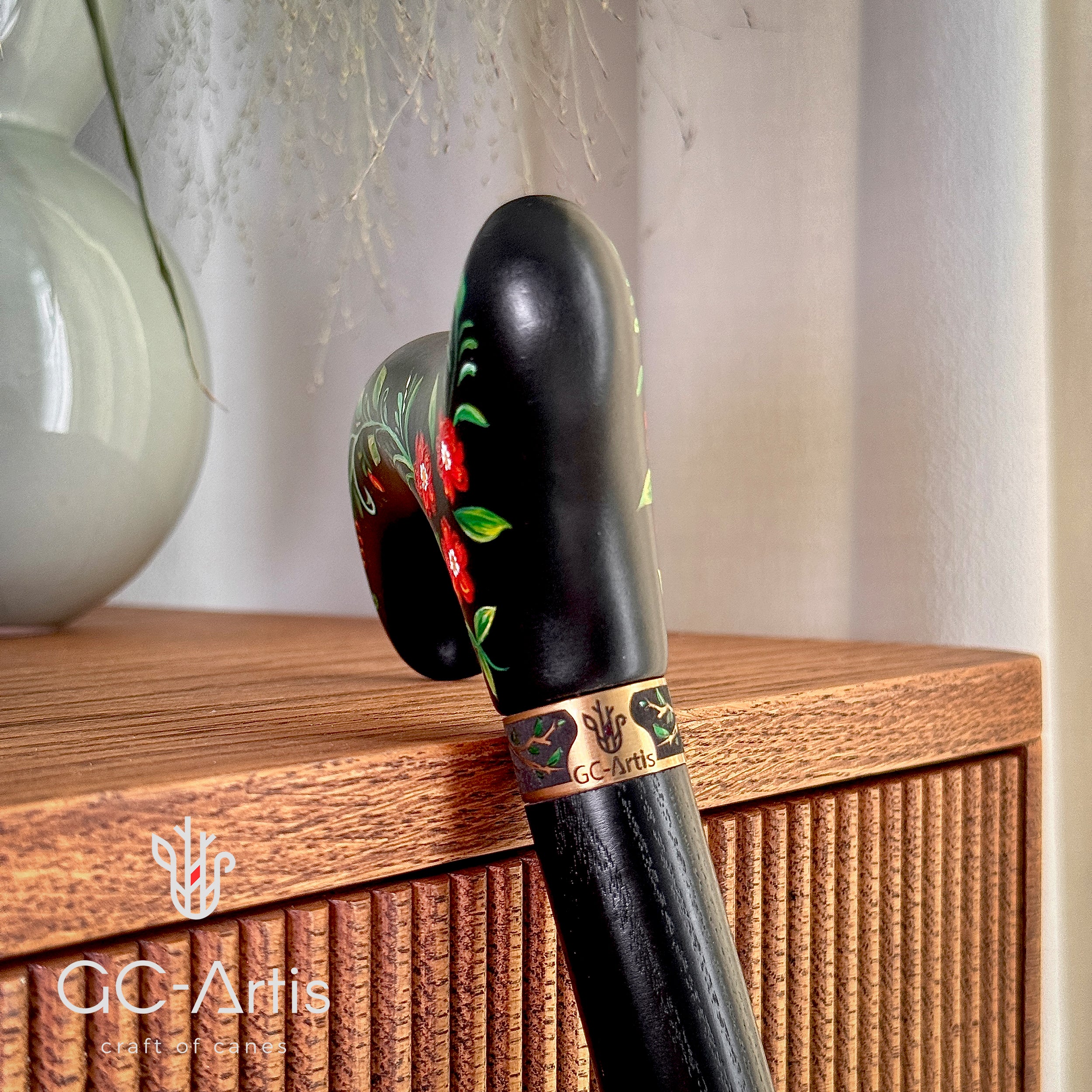 Hand Painted Black Derby walking stick cane Artist fill Flowers