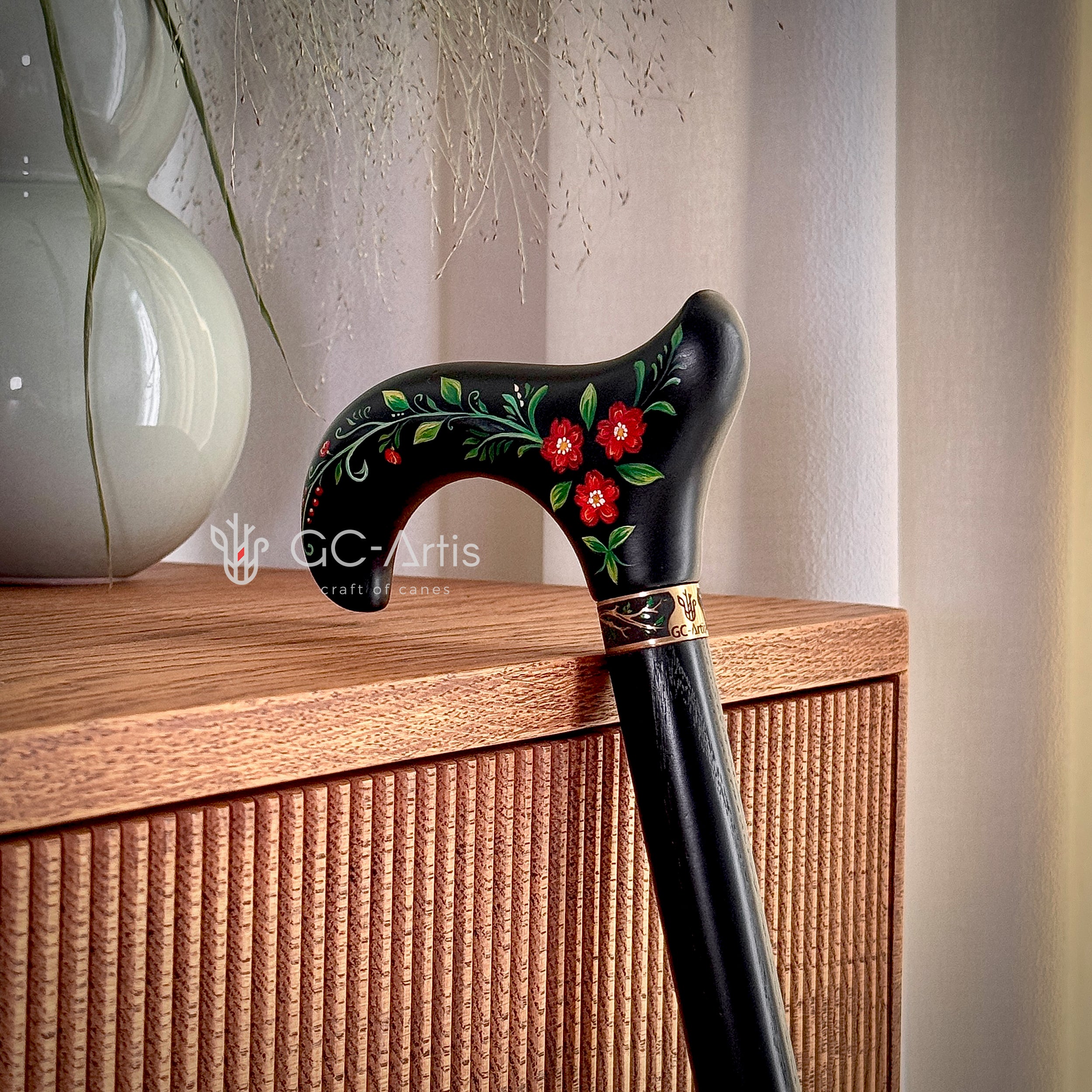 Hand Painted Black Derby walking stick cane Artist fill Flowers