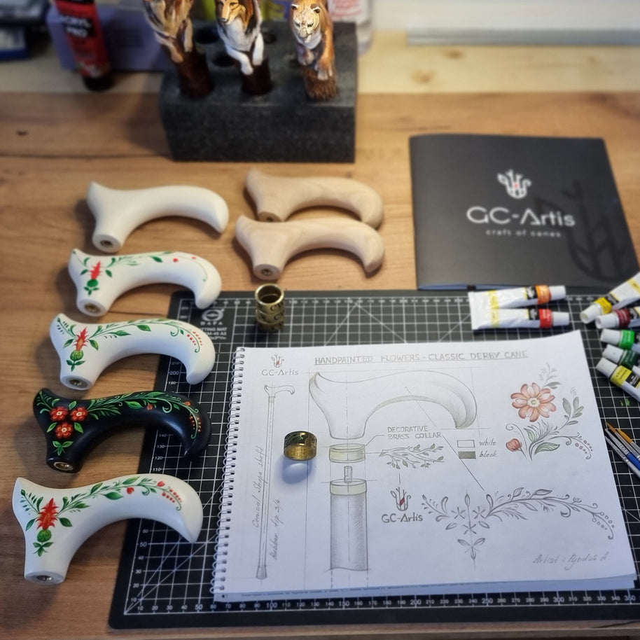 Canne de marche en bois Derby peinte à la main en blanc, motif floral