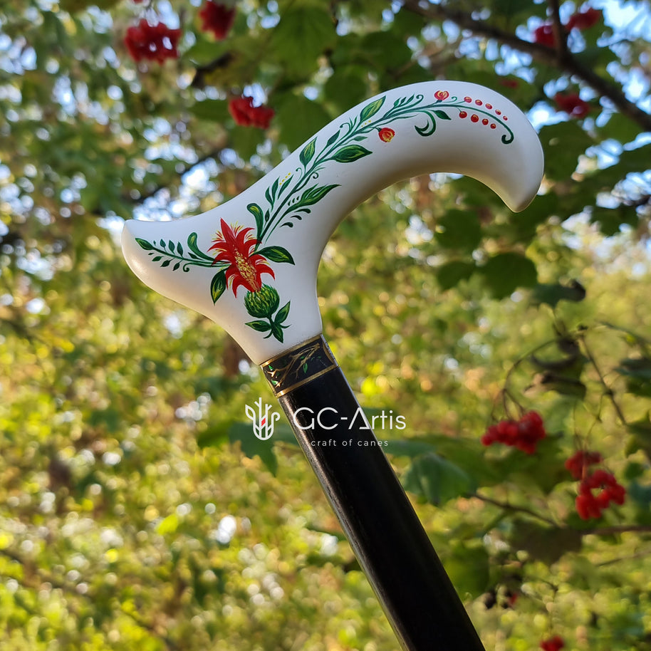 Canne de marche en bois Derby peinte à la main en blanc, motif floral